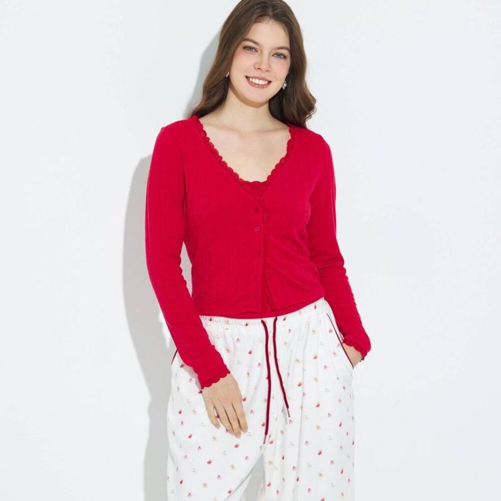 Women's Lace Trim V-Neck Cardigan Sweater - Wild Fable Red S